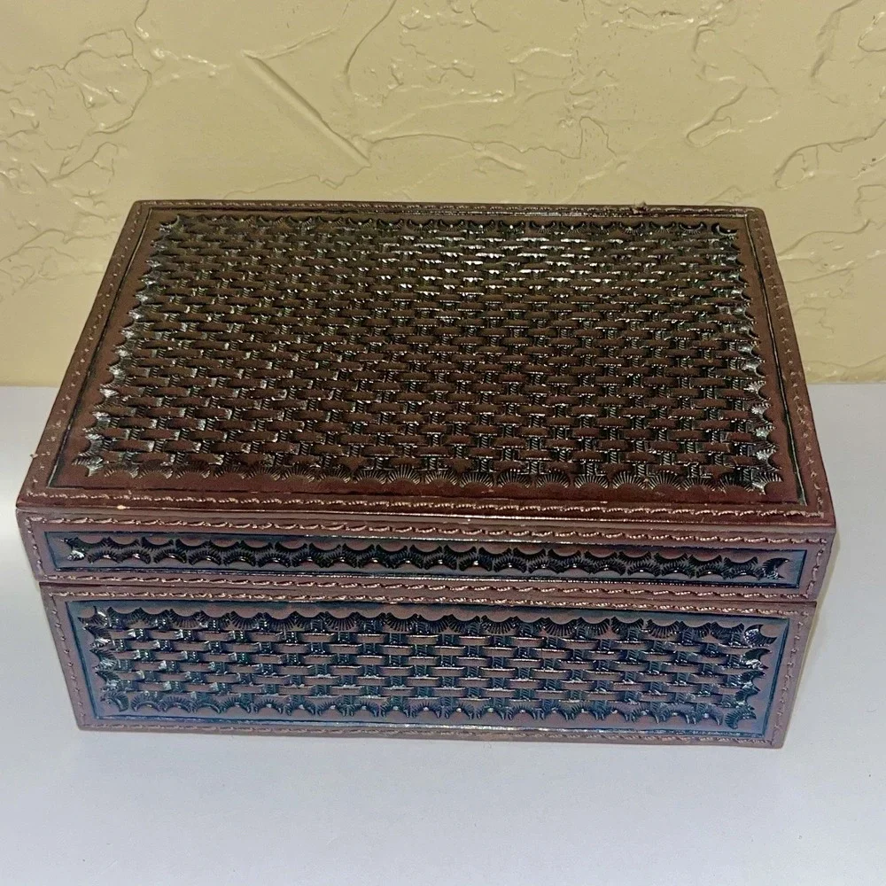 Tooled Leather Basket Weave Trinket Box with Lid Western Office